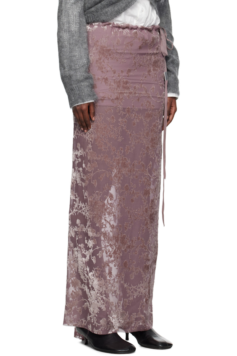Semi-sheer viscose- and silk-blend crêpe maxi skirt.

· Bias-cut
· Floral pattern flocked throughout
· Self-tie drawstring at waistband
· Asymmetrical extended hem
· Concealed zip closure at side
· Partial silk charmeuse lining 

Supplier color: Mary rose