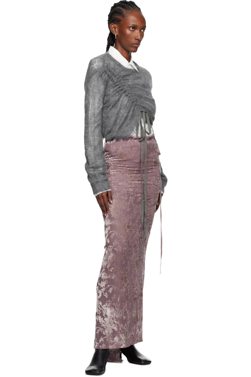 Semi-sheer viscose- and silk-blend crêpe maxi skirt.

· Bias-cut
· Floral pattern flocked throughout
· Self-tie drawstring at waistband
· Asymmetrical extended hem
· Concealed zip closure at side
· Partial silk charmeuse lining 

Supplier color: Mary rose