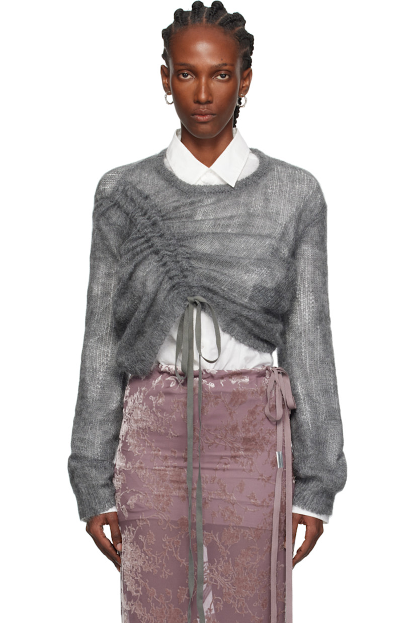 Brushed open-knit mohair- and silk-blend sweater.

· Semi-sheer
· Rib-knit crewneck, hem, and cuffs
· Ruching and adjustable drawstring at front
· Dropped shoulders

Supplier color: Grey melange