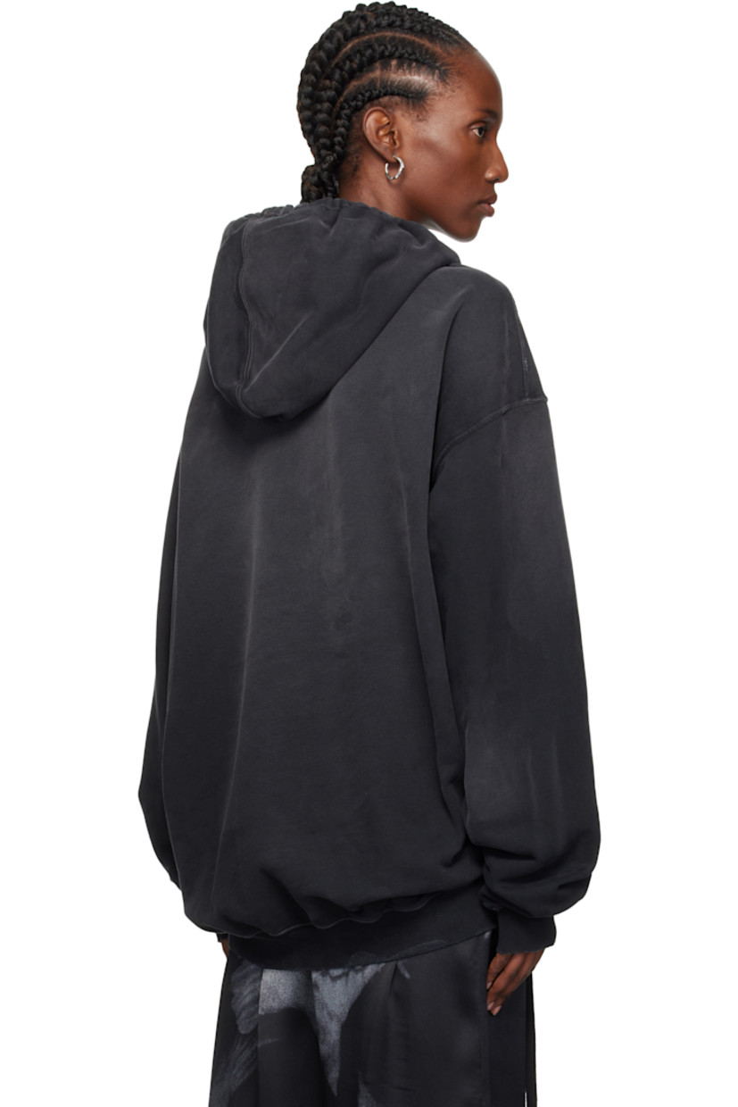 Cotton French terry hoodie. 

· Fading and distressing throughout 
· Drawstring at hood
· Text and graphics printed at front
· Rib-knit hem and cuffs
· Dropped shoulders
· Detachable webbing strap with logo plaque at interior

Supplier color: Faded black