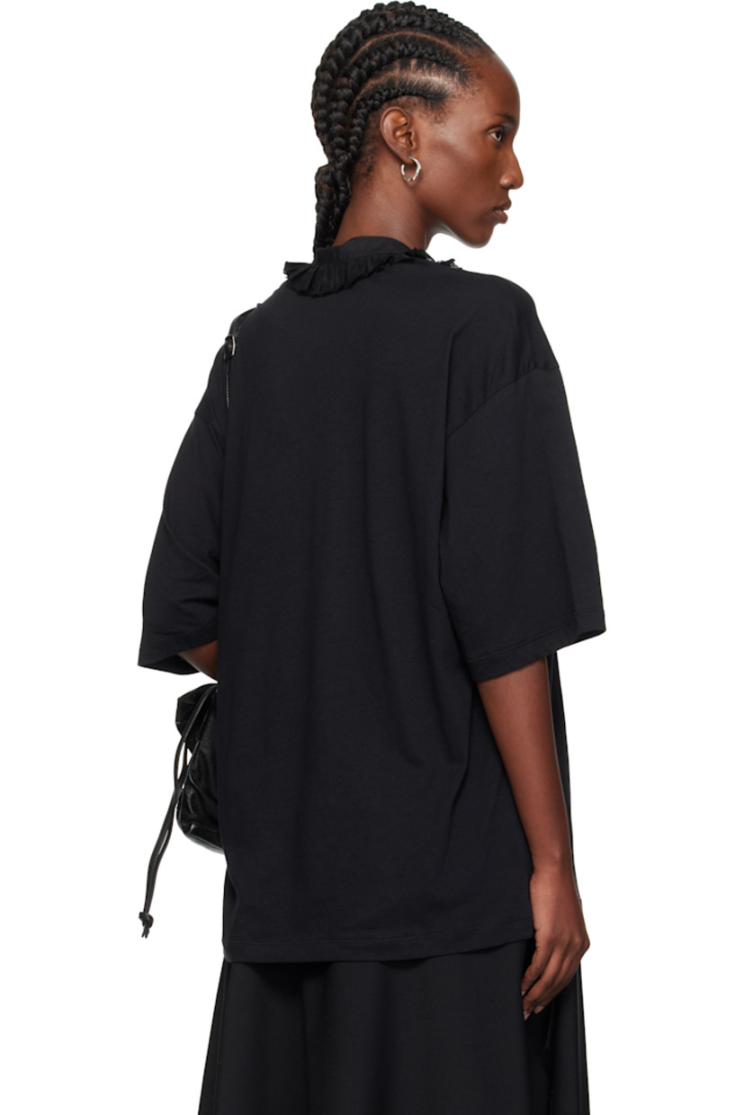 Cotton jersey T-shirt. 

· Detachable ruffled self-tie collar
· Rib-knit crewneck
· Text printed at front
· Dropped shoulders
· Detachable webbing strap with logo plaque at interior

Supplier color: Black