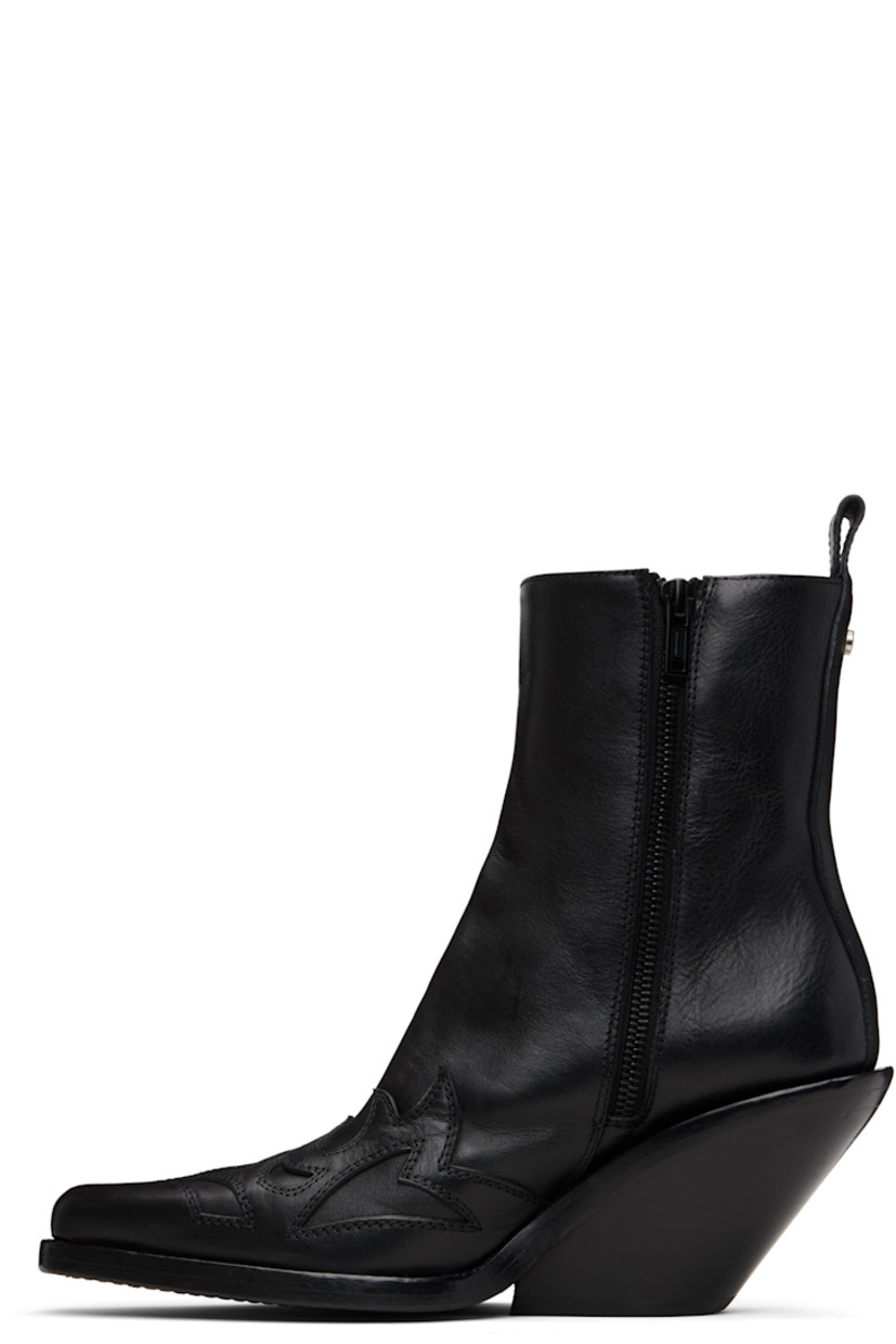 Ankle-high washed and grained calfskin boots.

· Pointed square toe 
· Rivet and pull-loops at collar 
· Zip closure at inner side
· Stacked leather midsole and block heel 
· Suede sole with rubber injection
· Heel: H3.5"

Supplier color: Black