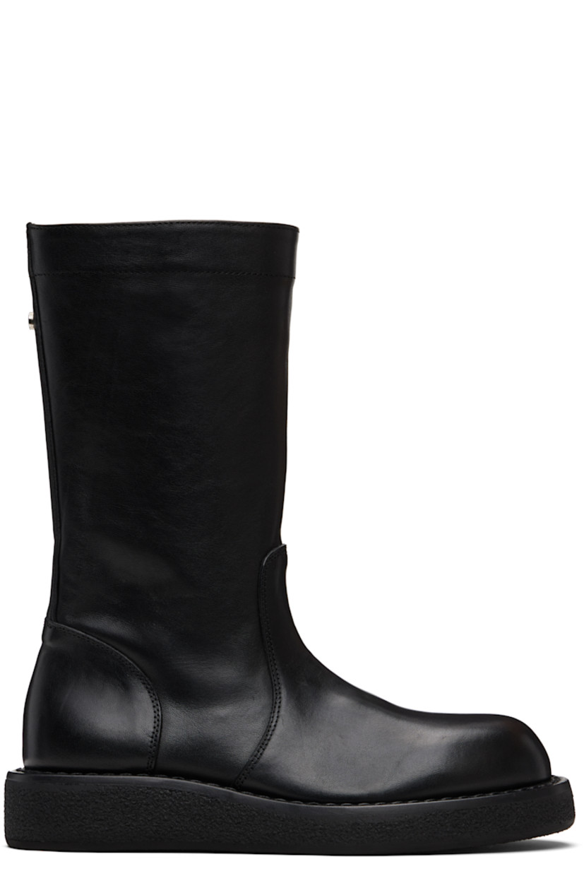 Mid-calf grained calfskin boots.

· Zip closure at inner side
· Rivet at collar 
· Crêpe rubber sole 
· Silver-tone hardware 

Supplier color: Black
