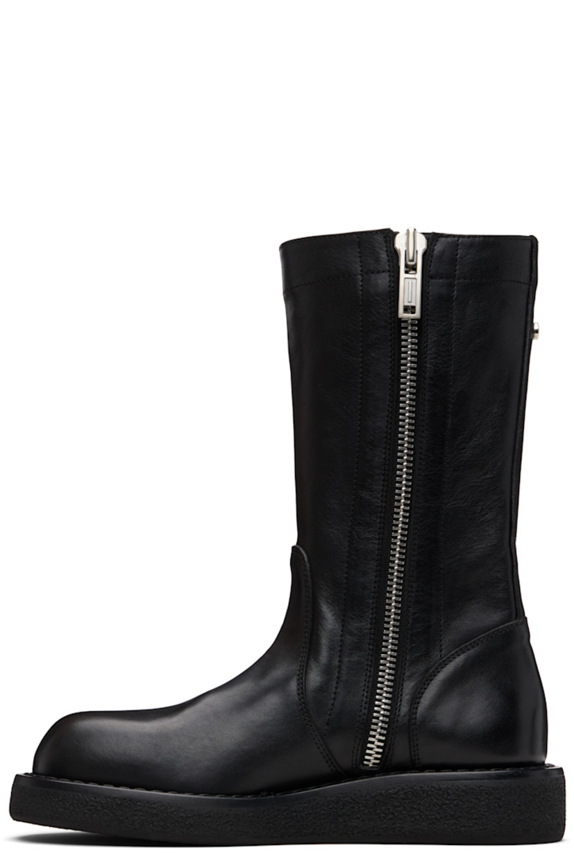 Mid-calf grained calfskin boots.

· Zip closure at inner side
· Rivet at collar 
· Crêpe rubber sole 
· Silver-tone hardware 

Supplier color: Black