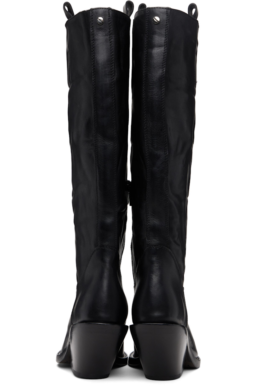 Knee-high washed and grained calfskin boots.

· Pointed square toe 
· Rivet and pull-loops at collar 
· Zip closure at inner side
· Stacked leather midsole and block heel 
· Suede sole with rubber injection
· Heel: H3.5"

Supplier color: Black