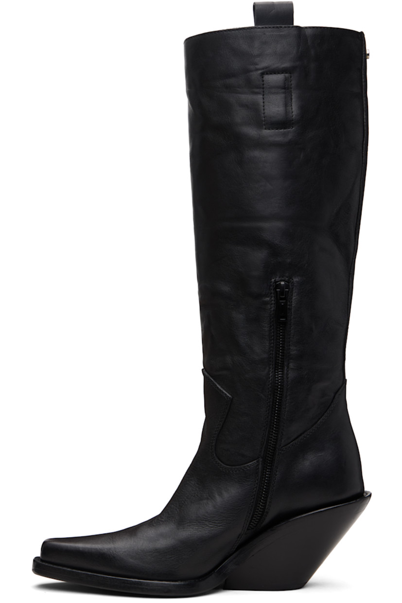 Knee-high washed and grained calfskin boots.

· Pointed square toe 
· Rivet and pull-loops at collar 
· Zip closure at inner side
· Stacked leather midsole and block heel 
· Suede sole with rubber injection
· Heel: H3.5"

Supplier color: Black