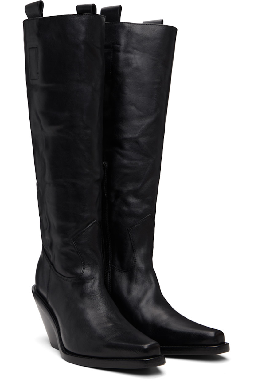 Knee-high washed and grained calfskin boots.

· Pointed square toe 
· Rivet and pull-loops at collar 
· Zip closure at inner side
· Stacked leather midsole and block heel 
· Suede sole with rubber injection
· Heel: H3.5"

Supplier color: Black