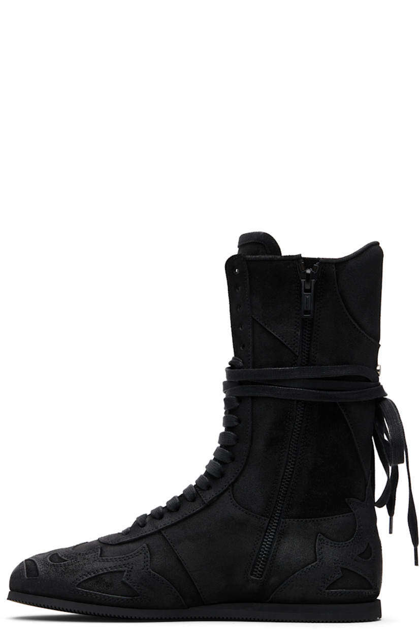 Mid-calf paneled and blistered calfskin sneakers.

· Wraparound lace-up closure 
· Grosgrain trim at sides
· Zip closure at inner side
· Rivet at back
· Treaded rubber sole 

Supplier color: Black