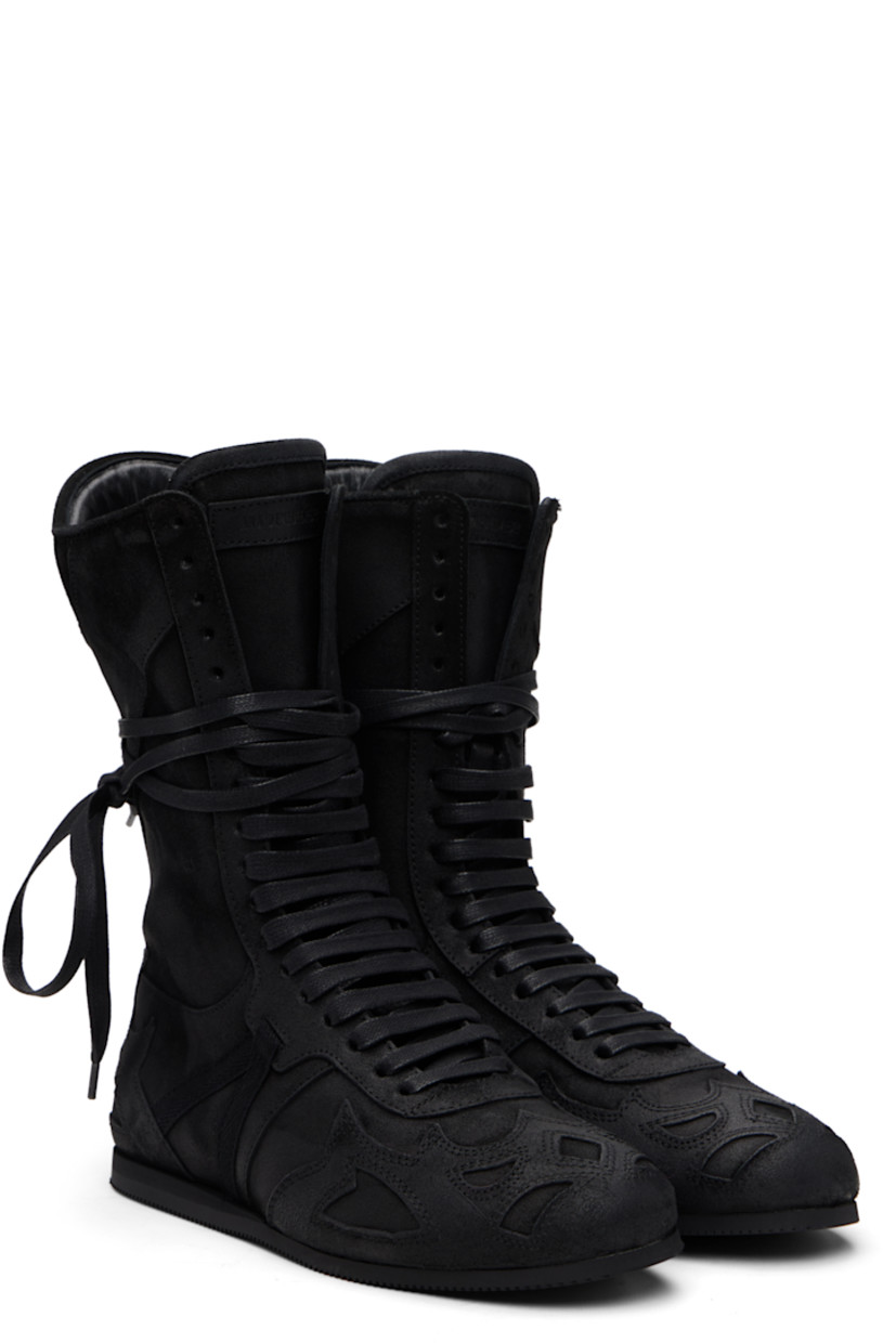 Mid-calf paneled and blistered calfskin sneakers.

· Wraparound lace-up closure 
· Grosgrain trim at sides
· Zip closure at inner side
· Rivet at back
· Treaded rubber sole 

Supplier color: Black