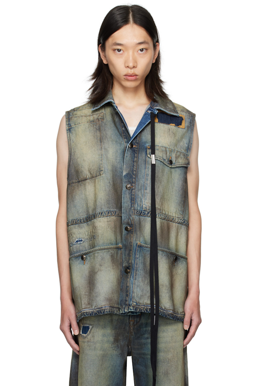 Sleeveless non-stretch denim jacket. 

· Discoloration, distressing, and sprayed dye throughout
· Topstitched patches throughout
· Spread collar
· Detachable ribbon with logo plaque at collar
· Button closure
· Flap pockets at chest and back waist
· Buttoned patch pockets at waist
· Contrast stitching in brown

Supplier color: Vintage blue