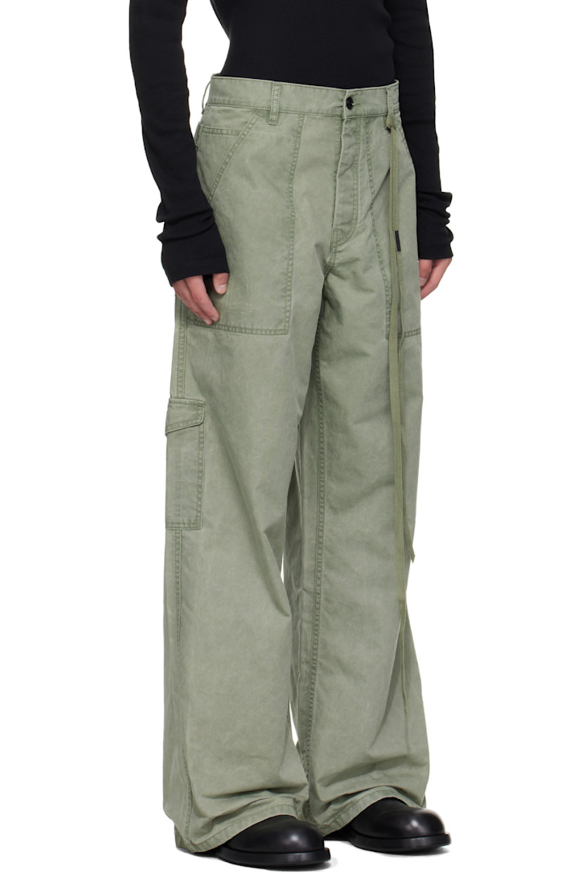 Cotton canvas cargo pants.

· Fading throughout
· Wide-leg
· Belt loops
· Five-pocket styling
· Button fly
· Detachable ribbon with logo plaque at waist
· Flap pocket at outseam
· Cinch strap at back

Supplier color: Sage