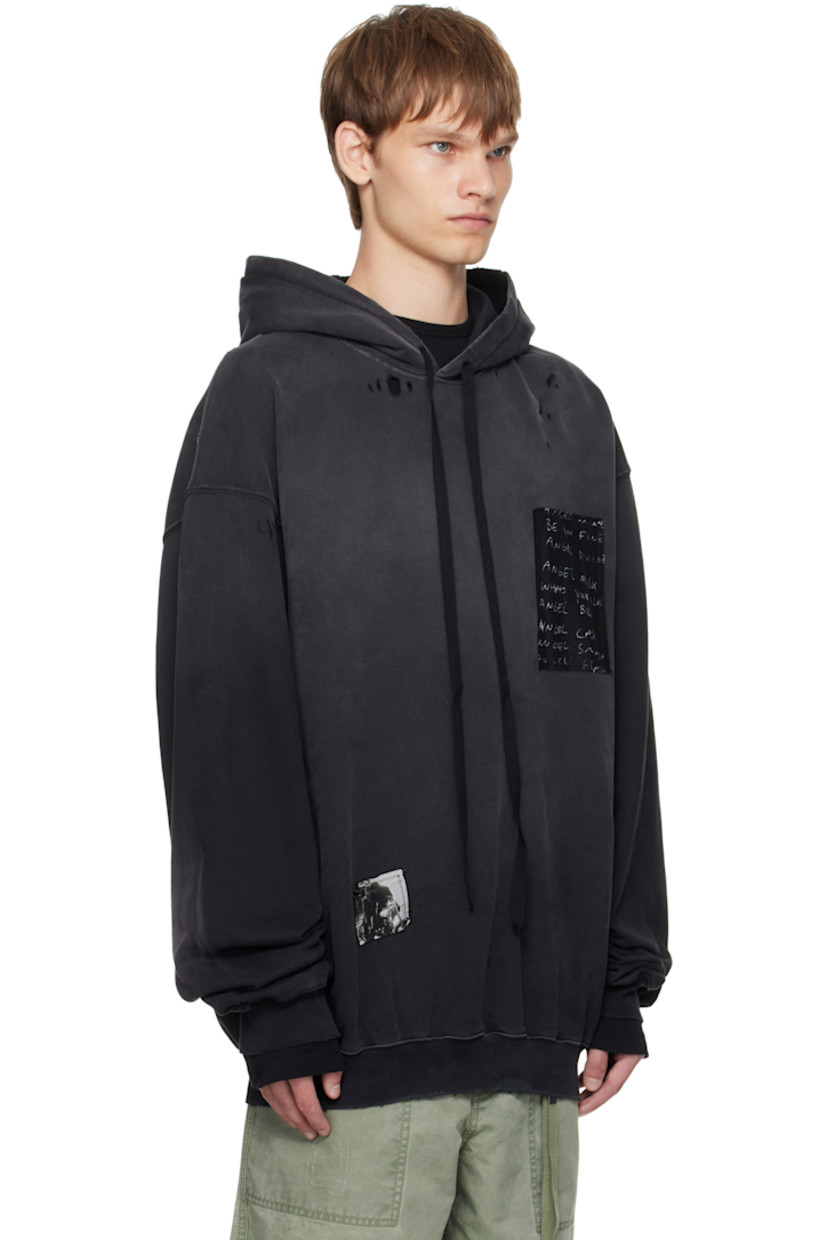 Cotton French terry hoodie.

· Fading and distressing throughout
· Drawstring at hood
· Printed patches at front
· Rib-knit hem and cuffs
· Dropped shoulders
· Integrated ribbon with logo plaque at interior

Supplier color: Faded black
