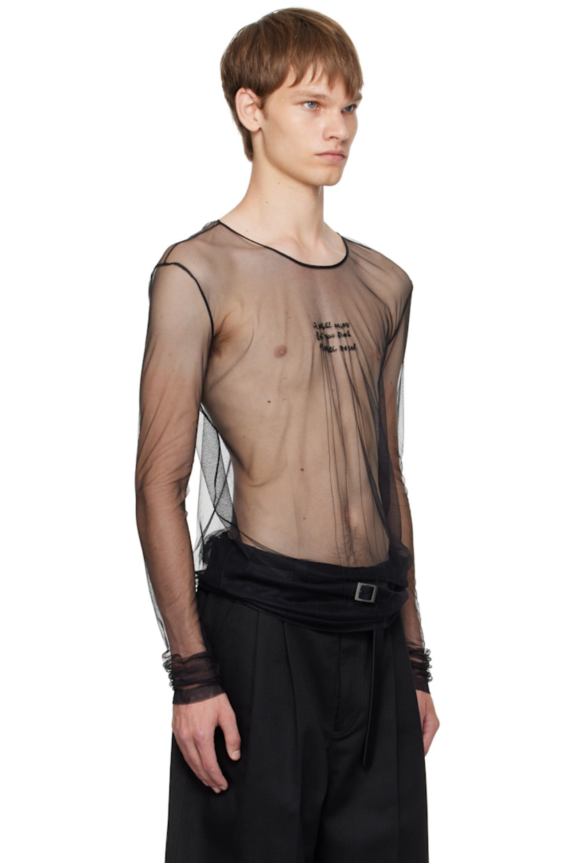 Sheer nylon mesh T-shirt.

· Crewneck
· Embroidered text with beads and loose threads at chest

Supplier color: Black