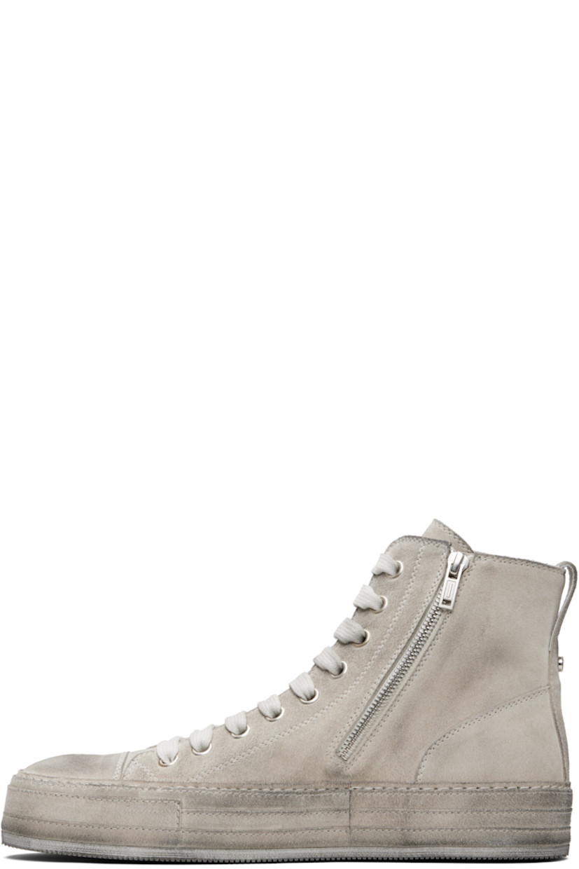 High-top calfskin suede sneakers.

· Smudging throughout 
· Lace-up closure
· Zip closure at inner side
· Pull-loop and rivet at collar 
· Treaded rubber sole 

Supplier color: Chalk