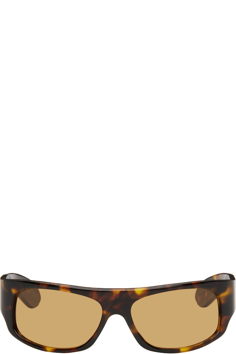 Handcrafted wraparound tortoiseshell acrylic-frame sunglasses in brown and black.

· Orange lenses
· Integrated nose pads
· Logo at temples
· Exposed core wire
· Includes pouch
· Size: 62.17 125

Supplier color: Burnt Havana