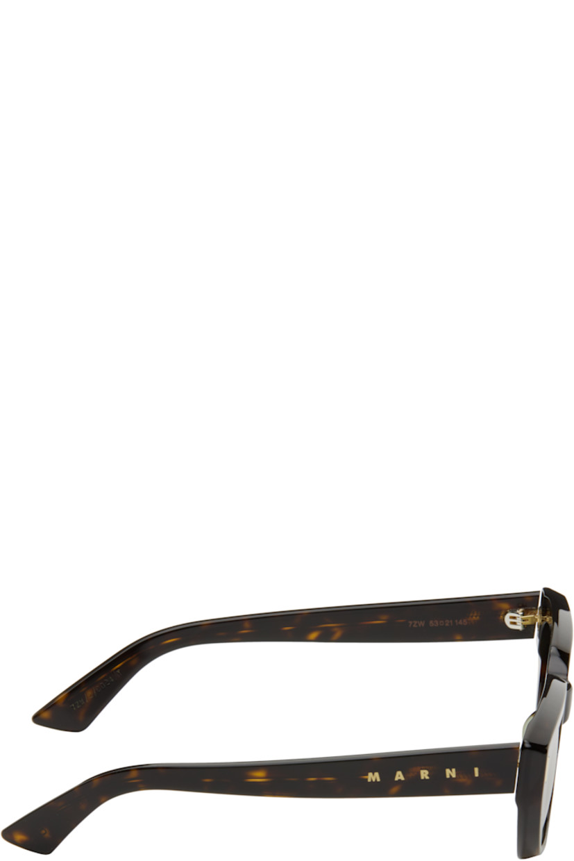 Handcrafted rectangular tortoiseshell acetate-frame sunglasses in brown.

· Green lenses
· 100% UV protection, category 2
· Integrated nose pads
· Logo etched at temples 
· Includes pouch
· Size: 53.21 145

Supplier color:  3627