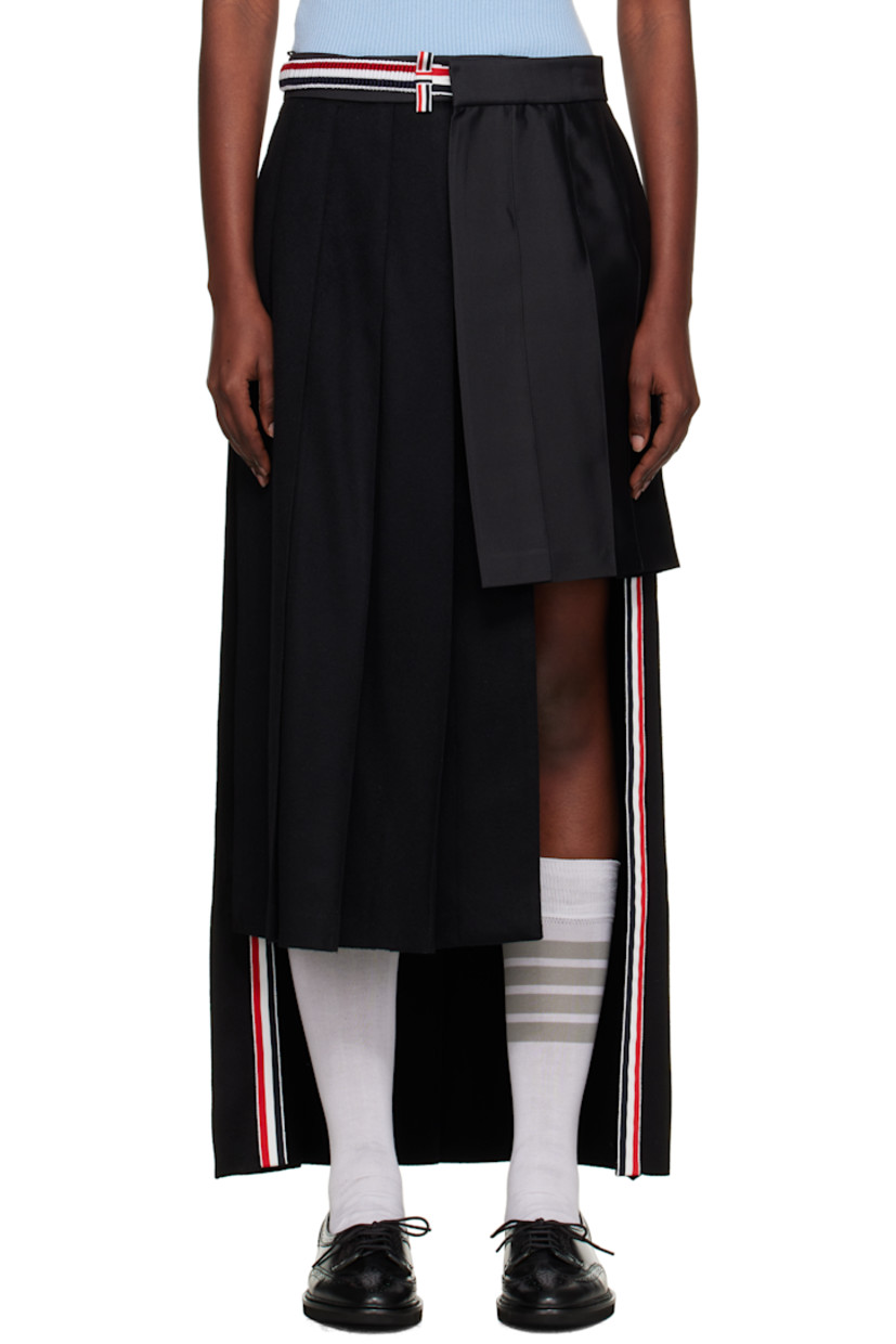 Paneled cashmere melton and silk-blend twill midi skirt. 

· Wrap construction 
· Pleats throughout 
· Button fastening at waistband
· Tricolor grosgrain trim at interior
· Asymmetric hem 
· Tricolor grosgrain flag at back waist

Supplier color: Black