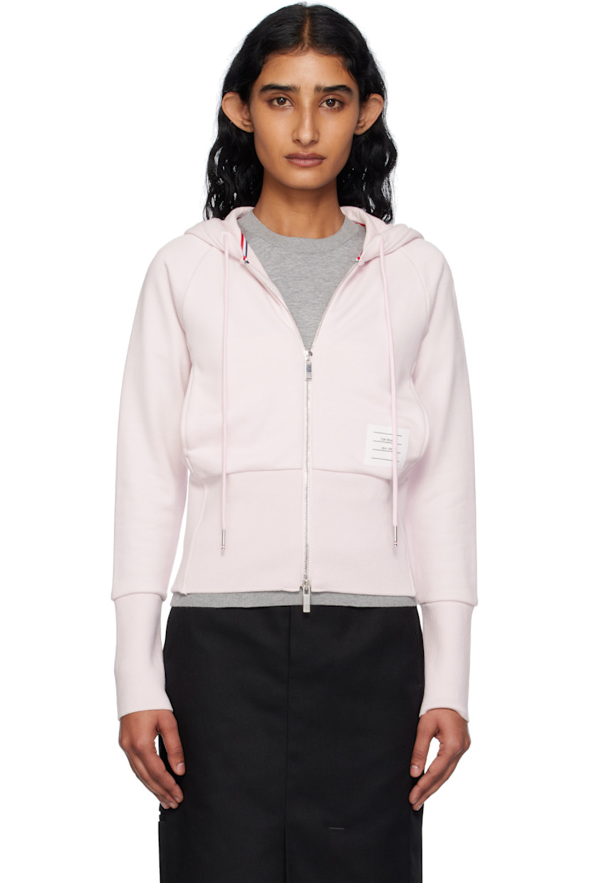 Knit cotton and French terry hoodie. 

· Drawstring at hood
· Two-way zip closure
· Logo patch and seam pockets at waist
· Rib-knit hem and cuffs
· Intarsia stripes at side seam
· Silver-tone hardware

Supplier color: Light Pink