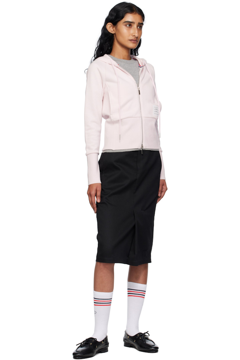 Knit cotton and French terry hoodie. 

· Drawstring at hood
· Two-way zip closure
· Logo patch and seam pockets at waist
· Rib-knit hem and cuffs
· Intarsia stripes at side seam
· Silver-tone hardware

Supplier color: Light Pink