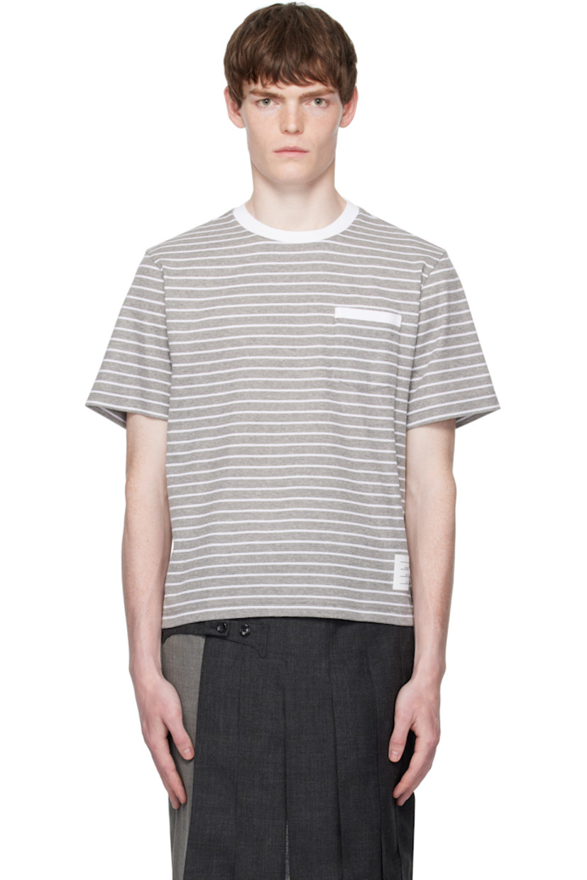 Rib-knit cotton T-shirt.

· Stripes throughout
· Rib-knit crewneck
· Patch pocket at chest
· Logo patch at front hem
· Button vent at side seams
· Tricolor grosgrain flag at back collar

Supplier color: Grey/White