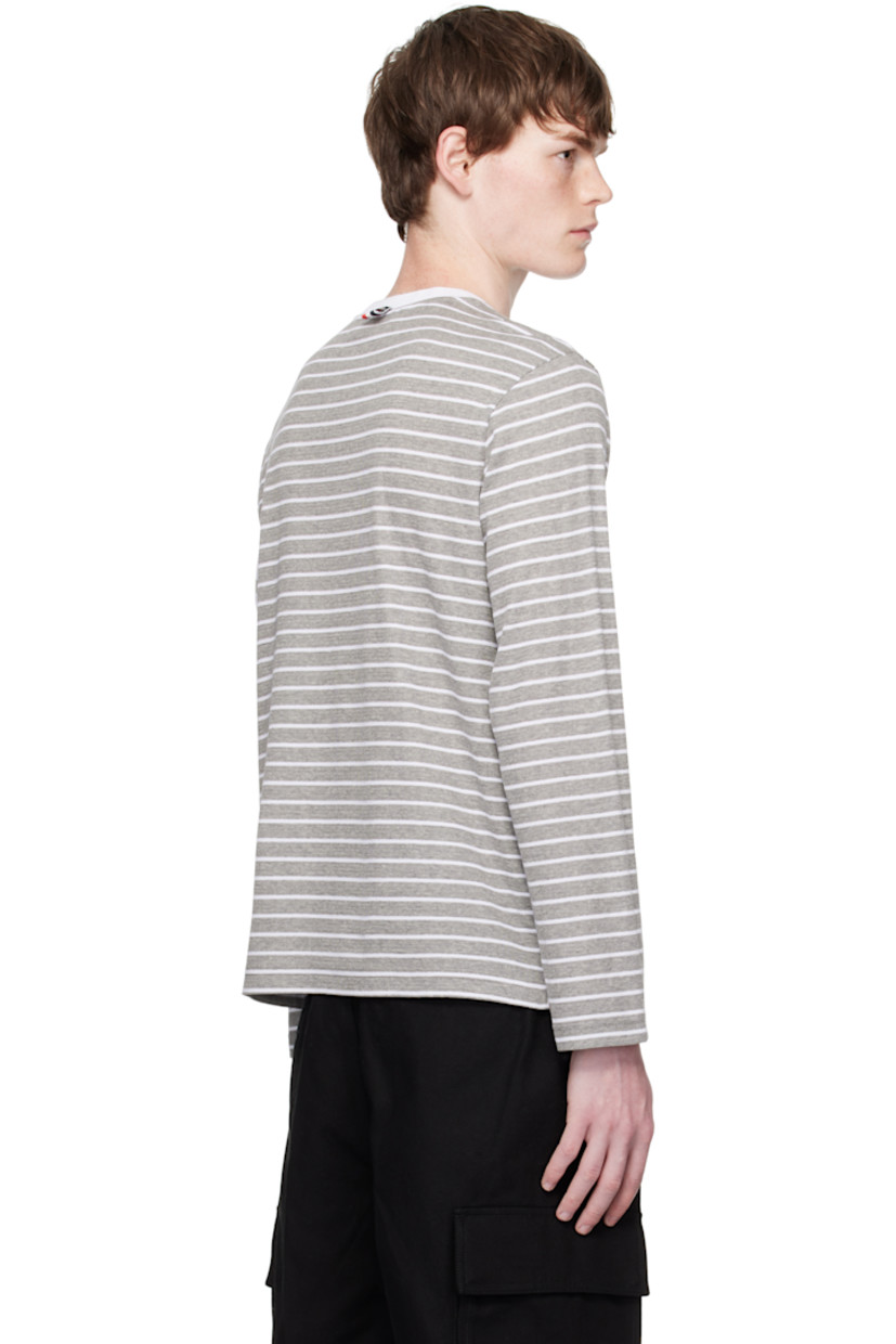 Rib-knit cotton T-shirt.

· Stripes throughout
· Rib-knit crewneck
· Logo patch at front hem
· Button vent at side seams
· Tricolor grosgrain flag at back collar

Supplier color: Grey/White