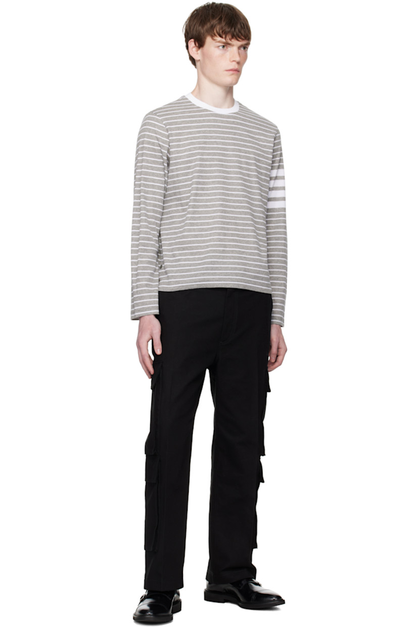 Rib-knit cotton T-shirt.

· Stripes throughout
· Rib-knit crewneck
· Logo patch at front hem
· Button vent at side seams
· Tricolor grosgrain flag at back collar

Supplier color: Grey/White