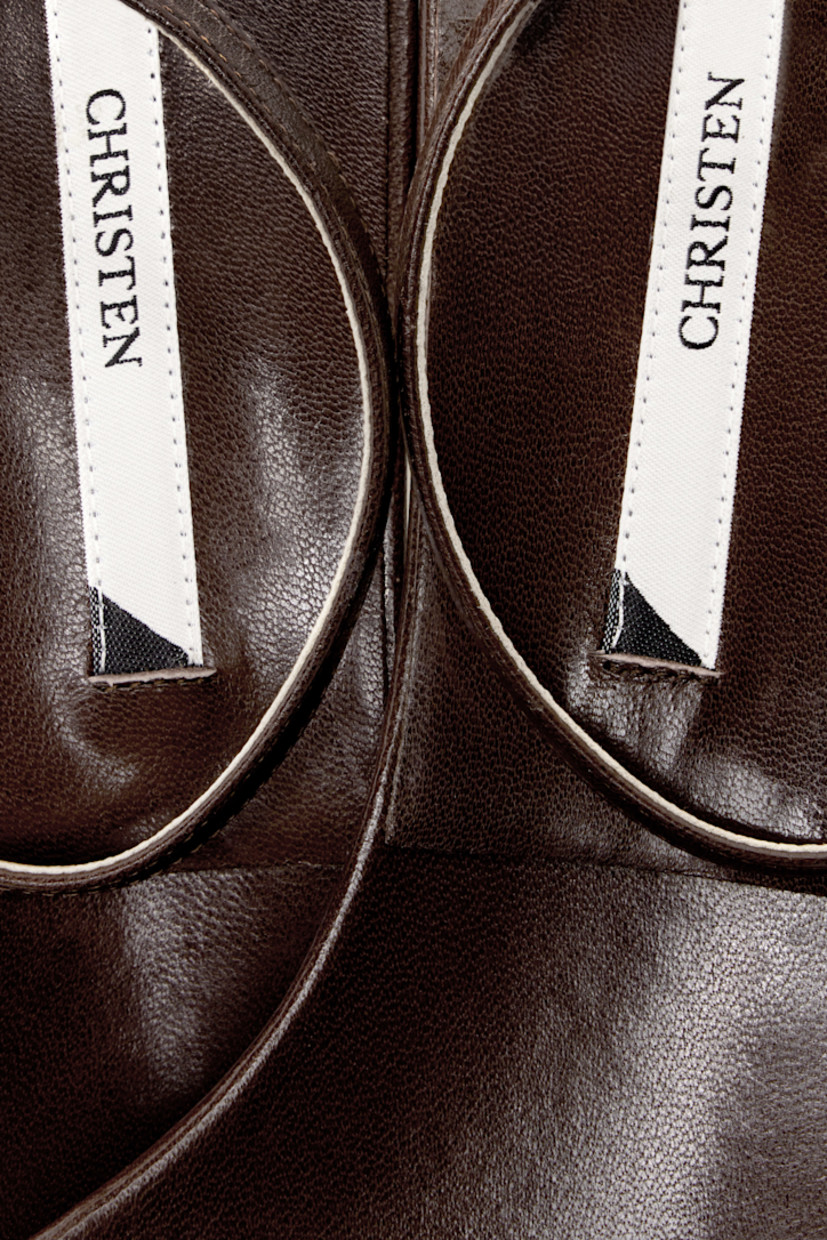 Grained lambskin heeled sandals in brown.

· Open almond toe
· Pin-buckle ankle strap
· Logo patch at footbed
· Covered kitten heel with rubber injection
· Grained calfskin sole
· Heel: H1.75"

Supplier color: Forest brown