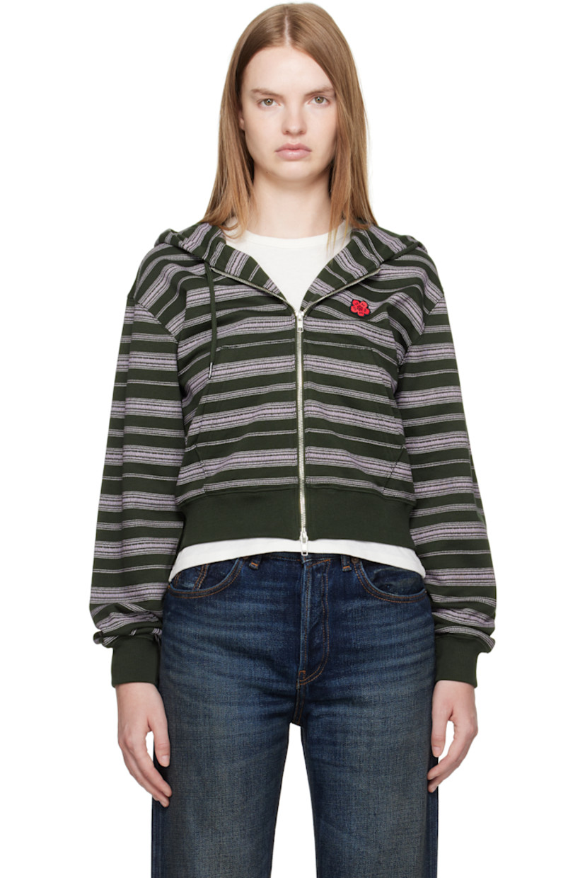 French terry hoodie. 

· Stripes printed throughout 
· Drawstring at hood
· Two-way zip closure
· Embroidered logo patch at chest 
· Patch pockets at waist 
· Rib-knit hem and cuffs
· Dropped shoulders
· Logo embroidered at cuff

Supplier color: Dark khaki