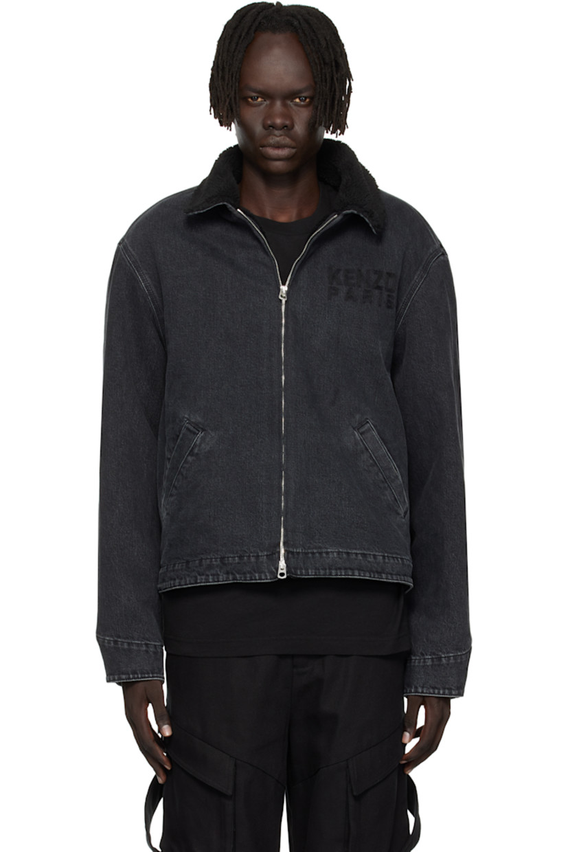 Stretch denim jacket.

· Fading throughout
· Sherpa fleece trim at spread collar
· Two-way zip closure
· Logo embroidered at chest
· Welt pockets at front
· Adjustable press-stud barrel cuffs
· Logo graphic embroidered at back
· Adjustable press-stud tabs at back hem
· Patch pocket at interior
· Full sherpa fleece lining

Supplier color: Stone bleached black