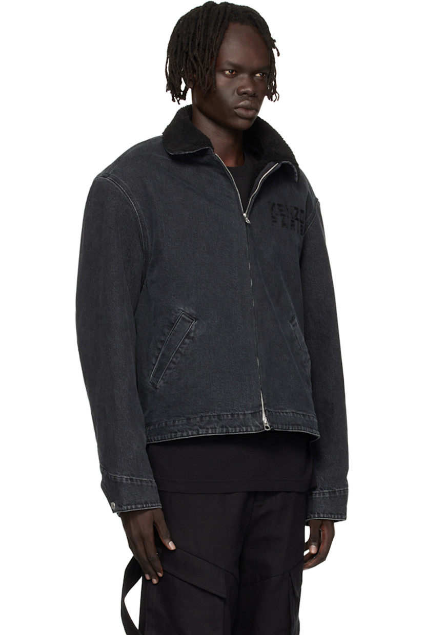 Stretch denim jacket.

· Fading throughout
· Sherpa fleece trim at spread collar
· Two-way zip closure
· Logo embroidered at chest
· Welt pockets at front
· Adjustable press-stud barrel cuffs
· Logo graphic embroidered at back
· Adjustable press-stud tabs at back hem
· Patch pocket at interior
· Full sherpa fleece lining

Supplier color: Stone bleached black