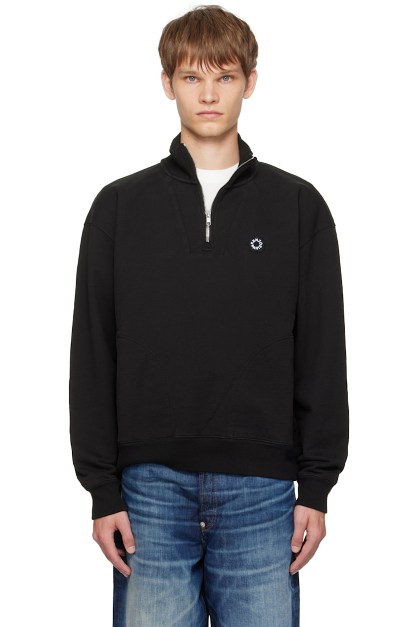 GOTS-certified organic cotton French terry sweatshirt.

· Rib-knit stand collar, hem, and cuffs
· Half-zip closure
· Embroidered logo graphic patch at chest
· Seam pockets at waist

Supplier color: Black