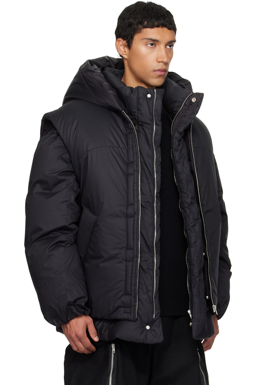 Down-filled quilted plain-woven stretch cotton jacket.

· Layered construction
· Concealed zip closure 
· Press-stud placket 
· Welt pockets at waist
· Dropped shoulders
· Elasticized cuffs
· Detachable down-filled vest-style nylon satin overlay
· Full satin lining 

Supplier color: Black

Fill 3: 80% goose feather, 20% duck feather.