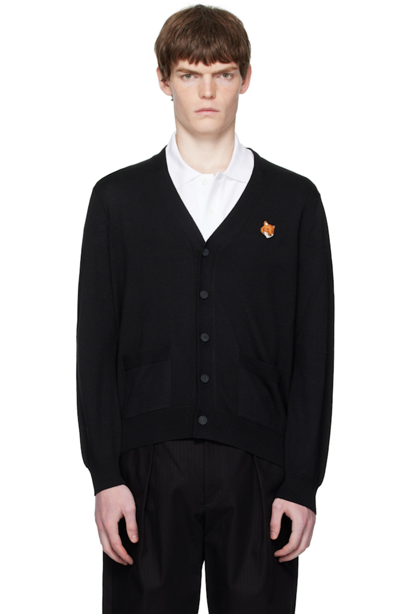 Knit wool cardigan.

· V-neck
· Button closure
· Logo patch embroidered at chest
· Rib-knit cuffs and hem
· Patch pockets at waist

Supplier color: Black