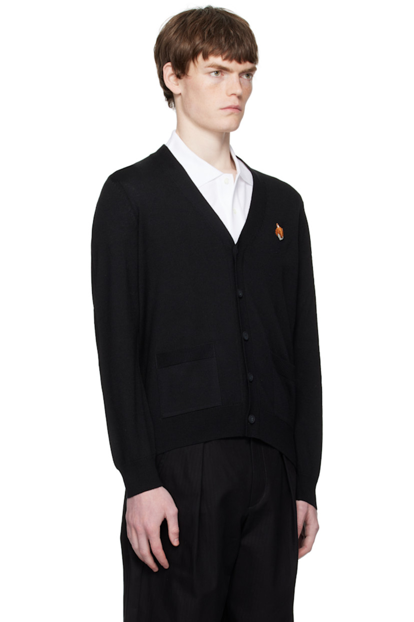 Knit wool cardigan.

· V-neck
· Button closure
· Logo patch embroidered at chest
· Rib-knit cuffs and hem
· Patch pockets at waist

Supplier color: Black