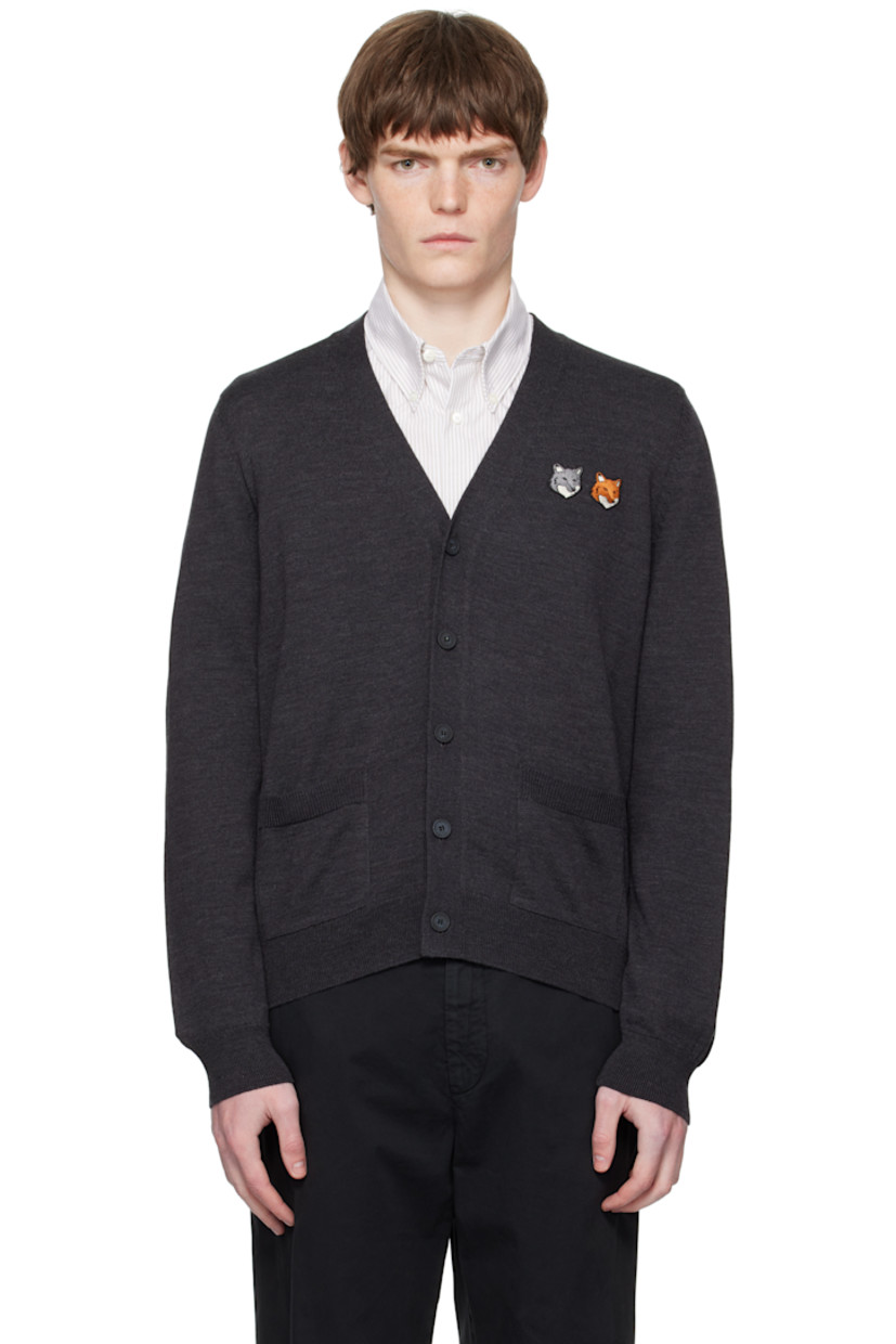 Knit wool cardigan.

· V-neck
· Button closure
· Logo patches embroidered at chest 
· Rib-knit cuffs and hem
· Welt pockets at front 

Supplier color: Anthracite