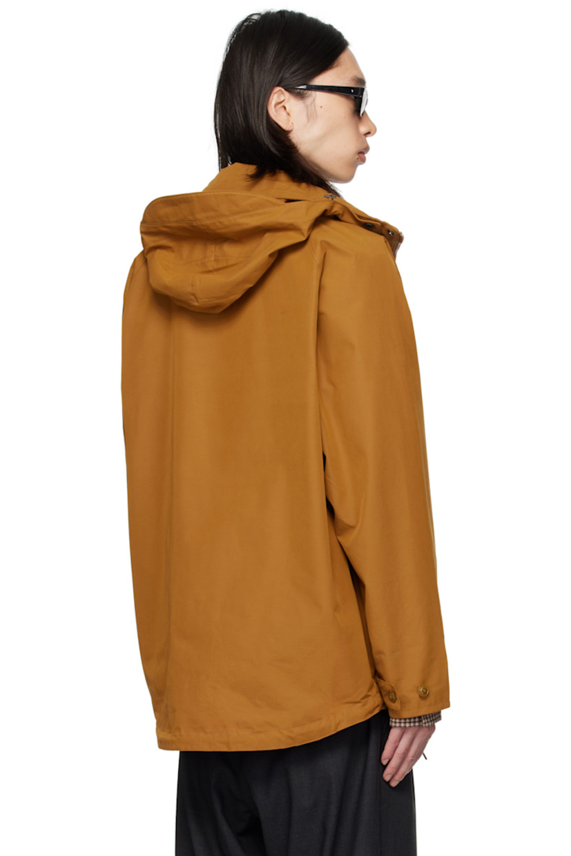 Coated canvas jacket.

· Waterproof
· Bungee-style drawstring at detachable hood
· Stand collar
· Two-way zip closure with press-stud placket
· Flap pockets and embroidered logo at front
· Cord-lock drawstring at hem
· Raglan sleeves
· Metal eyelets at underarms
· Adjustable button tab at cuffs
· Locker loop at back collar
· Patch pocket at interior
· Full satin and flannel lining

Supplier color: Bronze brown