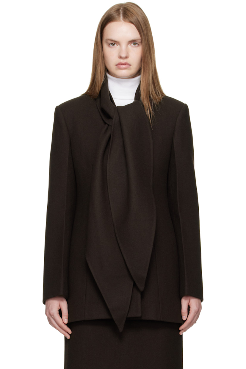 Wool-blend melton jacket.

· Includes detachable scarf
· V-neck
· Concealed button closure
· Seam pockets at waist
· Padded shoulders
· Full satin lining

Supplier color: Brown