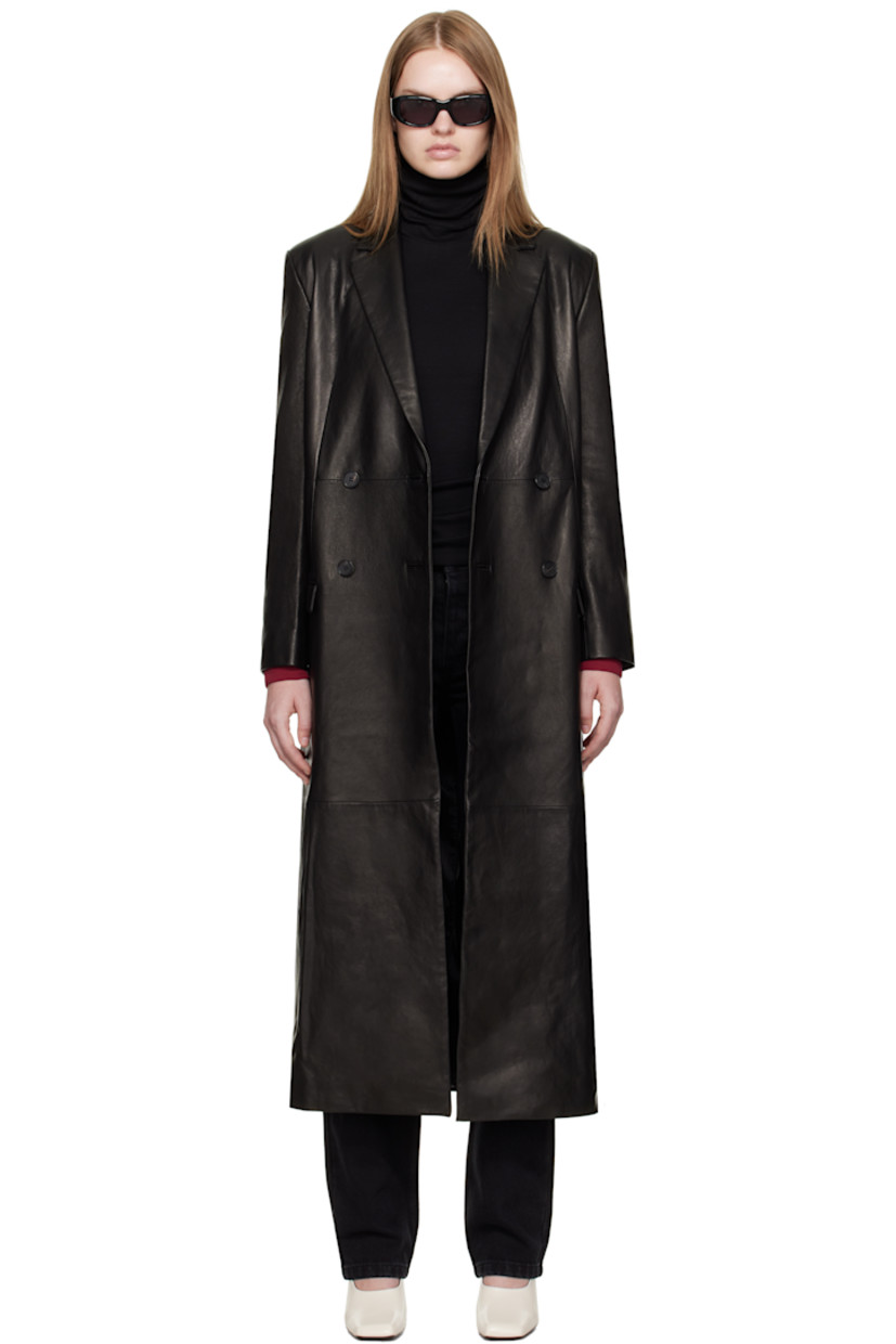 Grained lambskin coat.

· Notched lapel
· Double-breasted button closure
· Flap pockets at waist
· Padded shoulders
· Surgeon's cuffs
· Central vent at back hem
· Full satin lining
· Logo-engraved horn hardware

Supplier color: Black