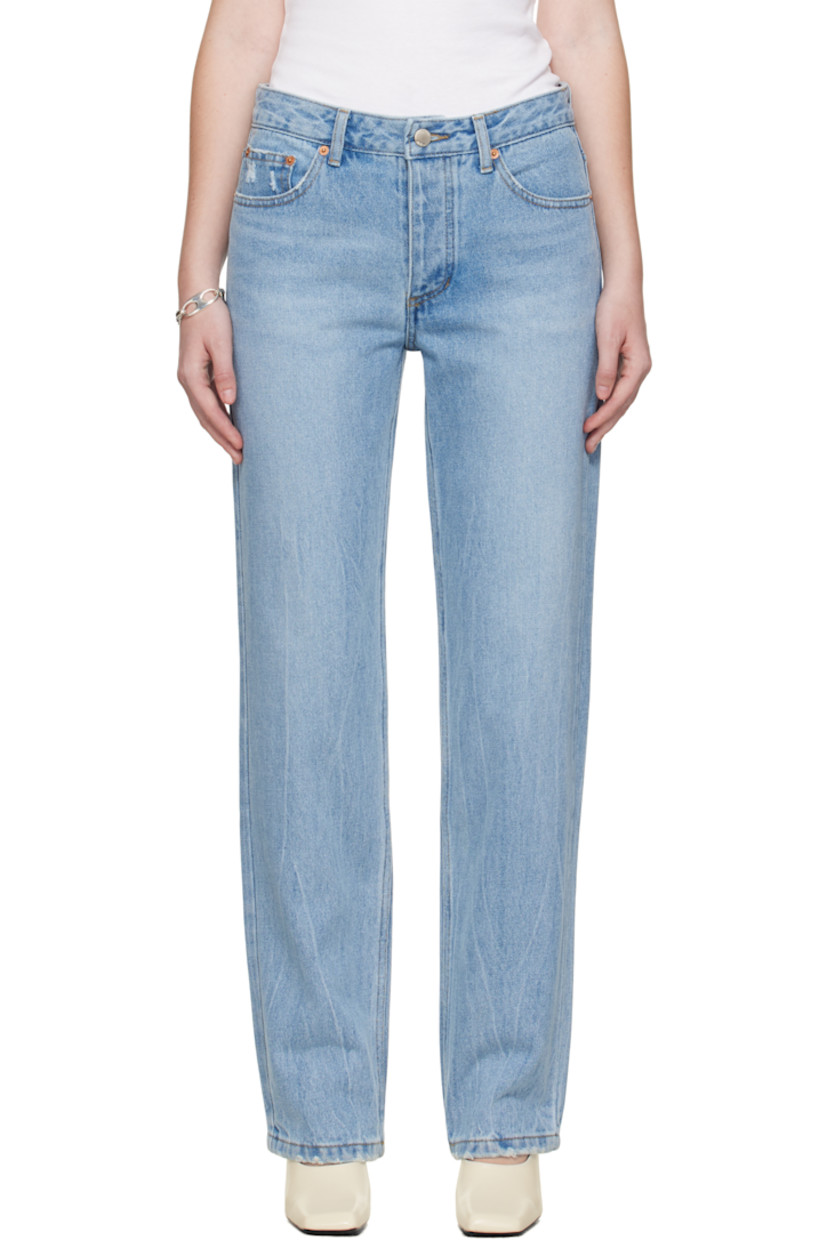 Straight-leg non-stretch denim jeans.

· Fading, whiskering, and subtle distressing throughout
· Belt loops
· Five-pocket styling
· Button fly
· Logo-engraved silver- and copper-tone hardware
· Contrast stitching in tan

Supplier color: Washed blue