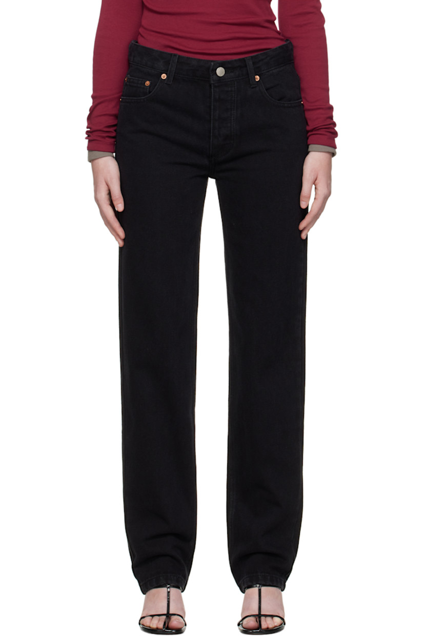 Straight-leg non-stretch denim jeans.

· Fading and whiskering throughout
· Belt loops
· Five-pocket styling
· Button fly
· Logo-engraved silver- and copper-tone hardware

Supplier color: Black