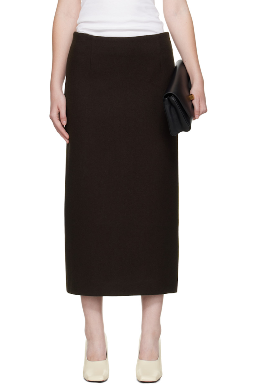 Wool-blend melton midi skirt.

· Darts at waist
· Zip closure at back
· Central vent at back hem
· Full satin lining

Supplier color: Brown