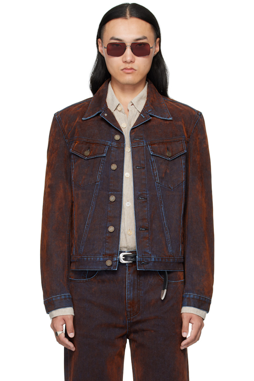 Flocked non-stretch denim jacket.

· Spread collar 
· Button closure
· Flap pockets at chest
· Welt pocket at waist
· Buttoned cuffs
· Adjustable button tabs at back hem

Supplier color: Brown