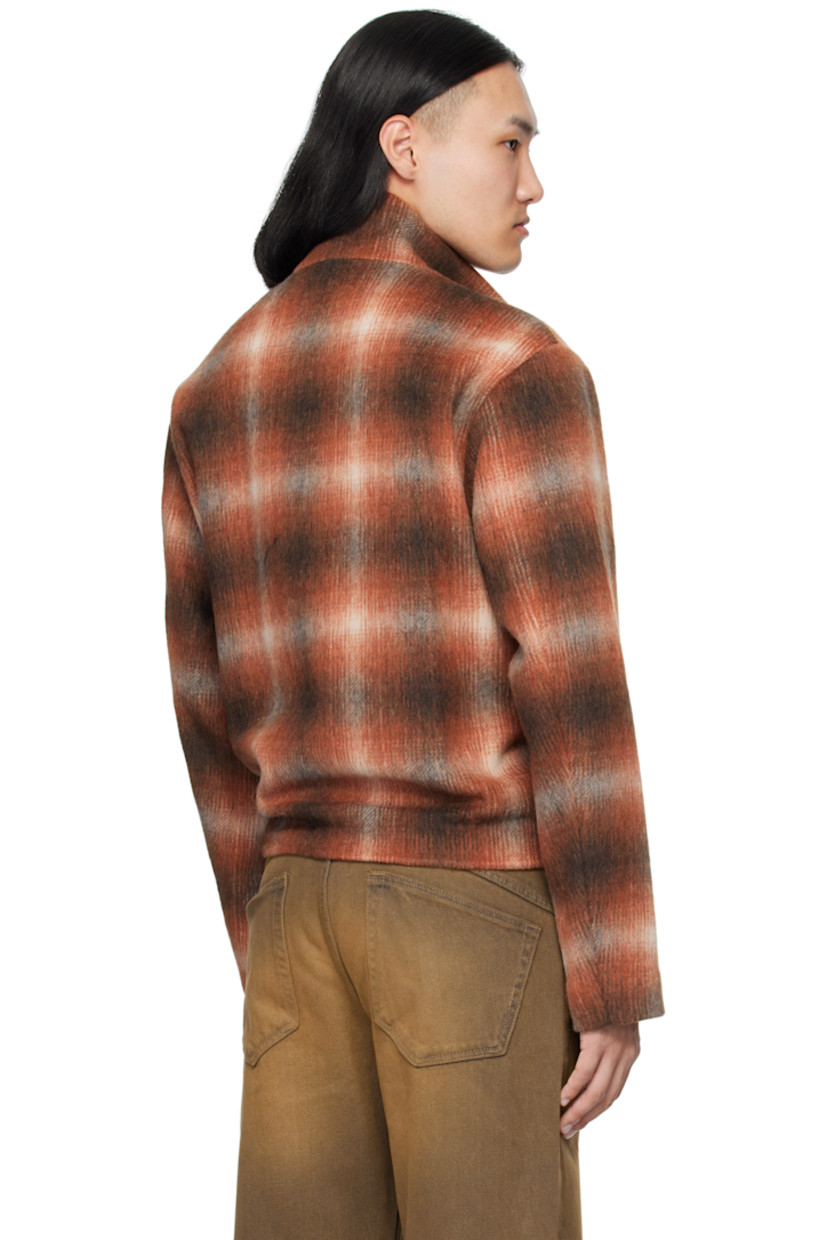 Wool-blend brushed flannel jacket. 

· Check pattern throughout 
· Stand collar 
· Two-way zip closure
· Seam pockets at waist
· Rivets at front hem 
· Full satin lining 
· Bronze-tone hardware

Supplier color: Brown