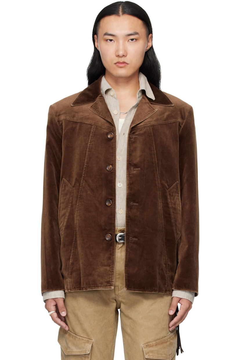 Cotton velvet jacket. 

· Open spread collar 
· Button closure 
· Welt pockets at front and interior 
· Full satin lining

Supplier color: Brown