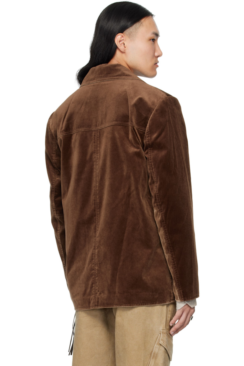 Cotton velvet jacket. 

· Open spread collar 
· Button closure 
· Welt pockets at front and interior 
· Full satin lining

Supplier color: Brown