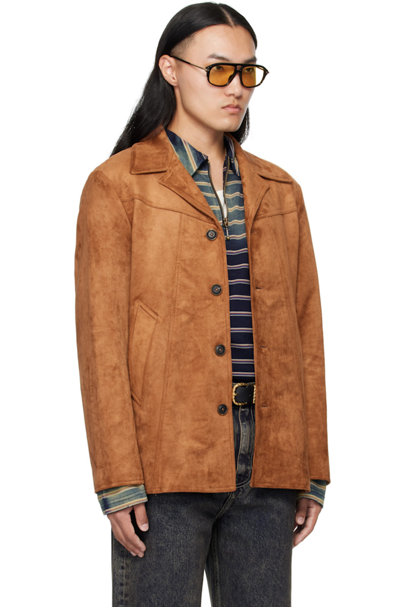 Stretch faux-suede jacket. 

· Open spread collar 
· Button closure 
· Welt pockets at front and interior 
· Full satin lining

Supplier color: Camel