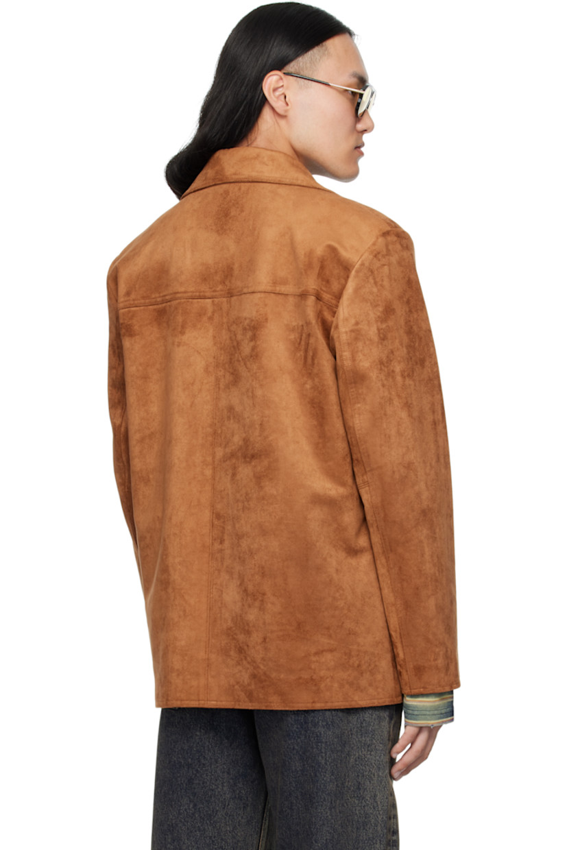 Stretch faux-suede jacket. 

· Open spread collar 
· Button closure 
· Welt pockets at front and interior 
· Full satin lining

Supplier color: Camel