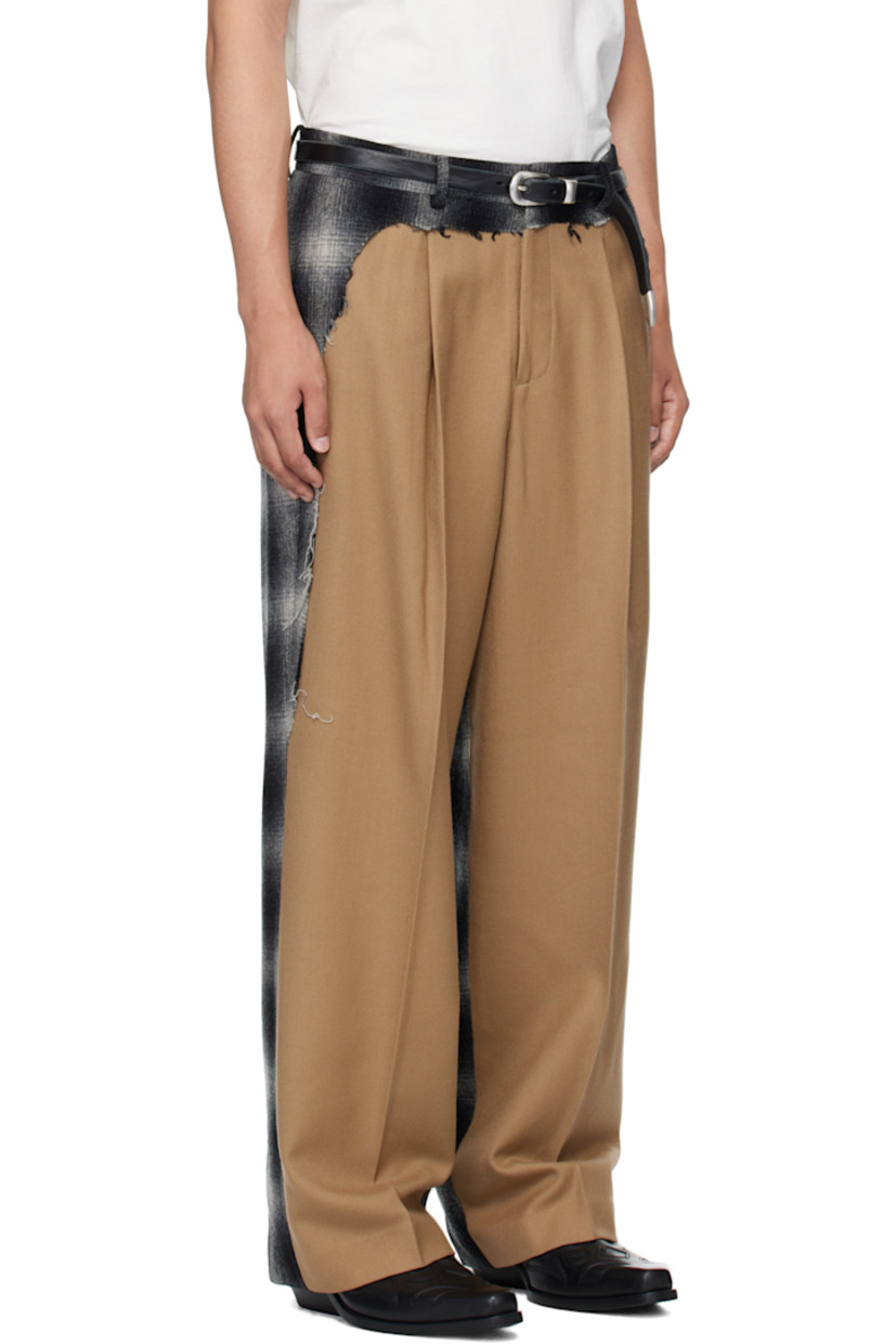 Wool twill and hopsack trousers.

· Paneled construction
· Check flannel panel with raw edges throughout 
· Belt loops
· Four-pocket styling
· Zip fly 
· Pleats at front 
· Creased legs

Supplier color: Beige