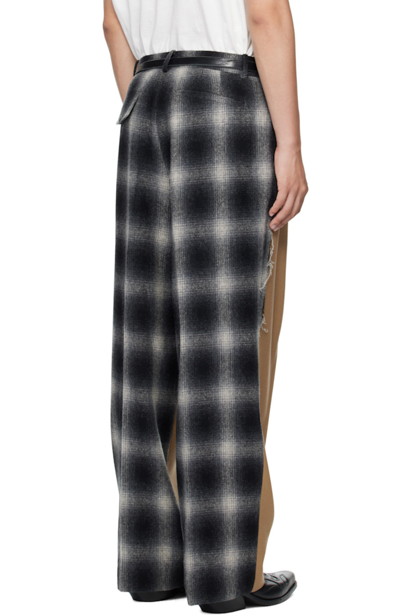 Wool twill and hopsack trousers.

· Paneled construction
· Check flannel panel with raw edges throughout 
· Belt loops
· Four-pocket styling
· Zip fly 
· Pleats at front 
· Creased legs

Supplier color: Beige
