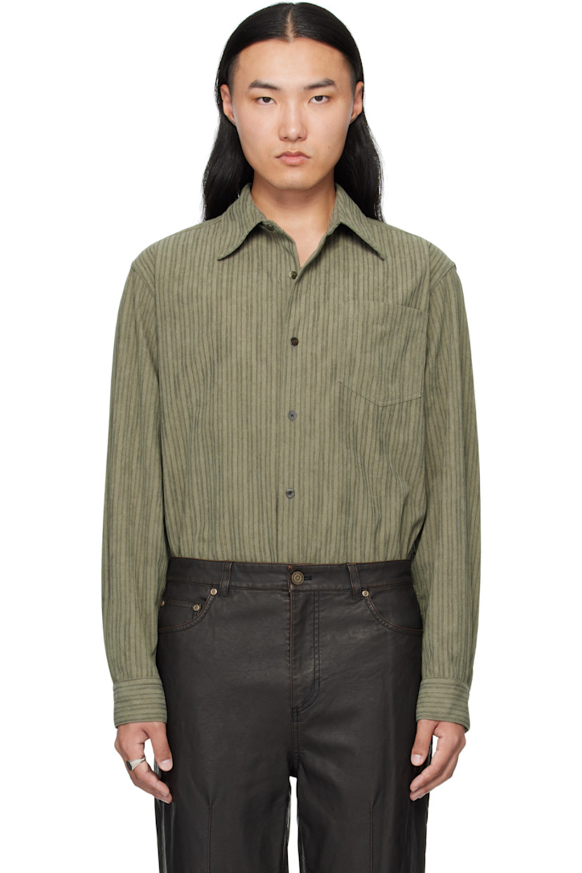 Chenille shirt. 

· Striped throughout 
· Spread collar 
· Button closure 
· Patch pocket at chest
· Shirttail hem
· Buttoned barrel cuffs
· Box pleat at back yoke 

Supplier color: Khaki